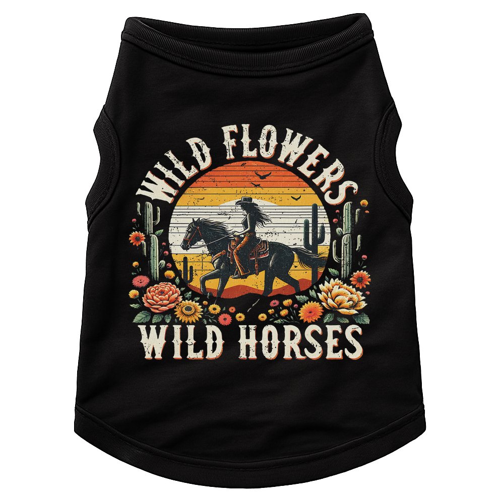 Sunset Cowgirl Riding Horse Wild Flowers Wild Horses Doggie Tank