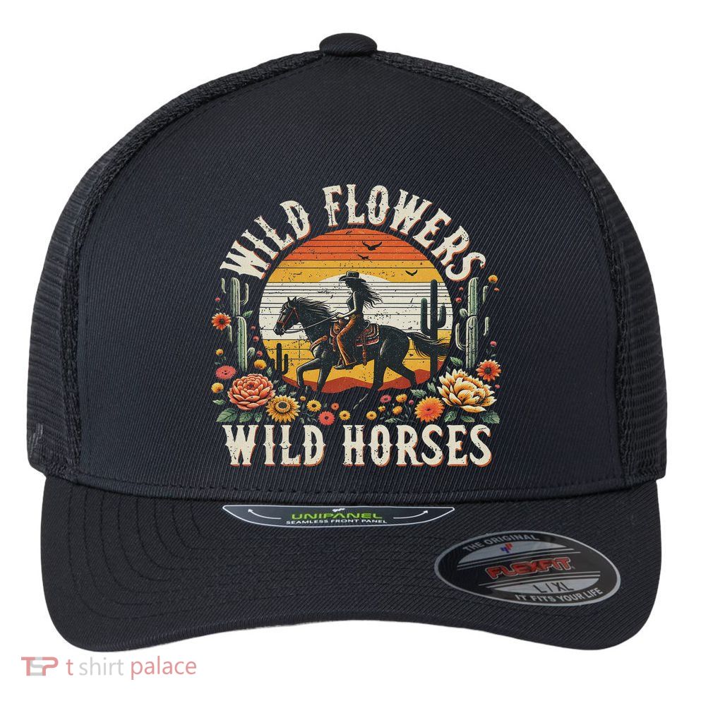 Sunset Cowgirl Riding Horse Wild Flowers Wild Horses Flexfit Unipanel Trucker Cap
