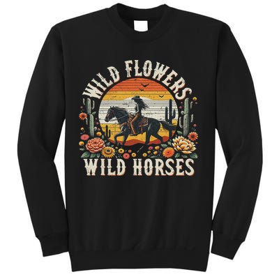 Sunset Cowgirl Riding Horse Wild Flowers Wild Horses Sweatshirt