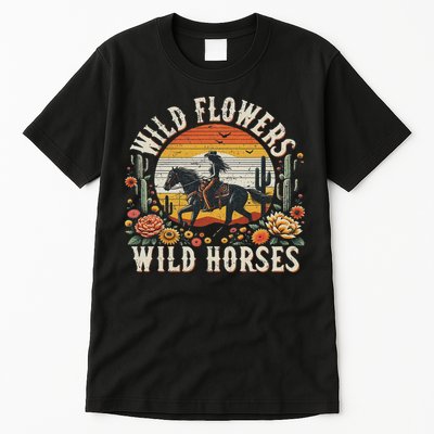 Sunset Cowgirl Riding Horse Wild Flowers Wild Horses Tall T-Shirt