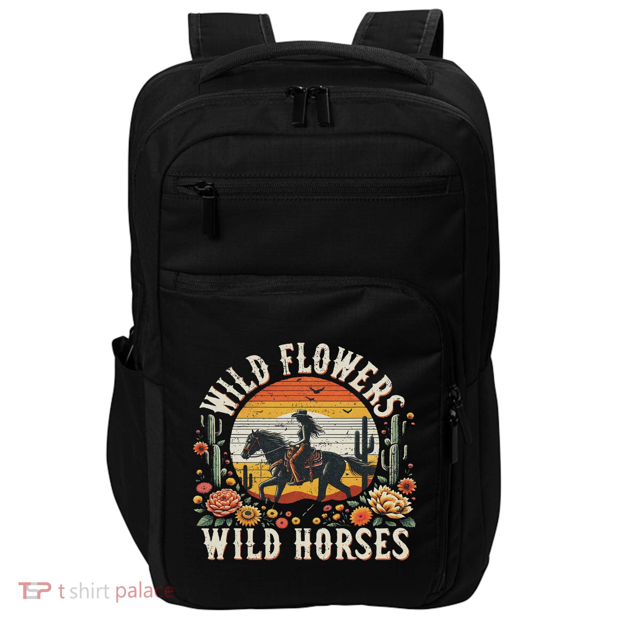 Sunset Cowgirl Riding Horse Wild Flowers Wild Horses Impact Tech Backpack