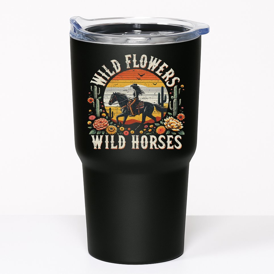 Sunset Cowgirl Riding Horse Wild Flowers Wild Horses Tumbler