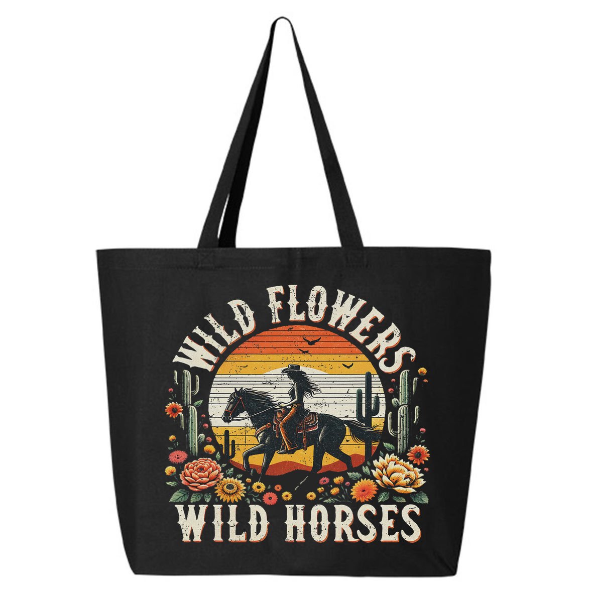 Sunset Cowgirl Riding Horse Wild Flowers Wild Horses 25L Jumbo Tote
