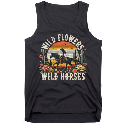 Sunset Cowgirl Riding Horse Wild Flowers Wild Horses Tank Top