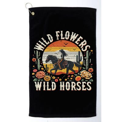 Sunset Cowgirl Riding Horse Wild Flowers Wild Horses Golf Towel