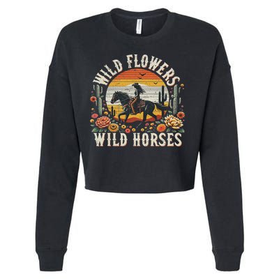 Sunset Cowgirl Riding Horse Wild Flowers Wild Horses Cropped Pullover Crew