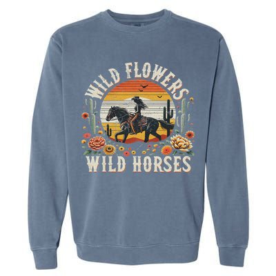 Sunset Cowgirl Riding Horse Wild Flowers Wild Horses Garment-Dyed Sweatshirt