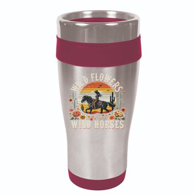 Sunset Cowgirl Riding Horse Wild Flowers Wild Horses 16oz Travel Tumbler