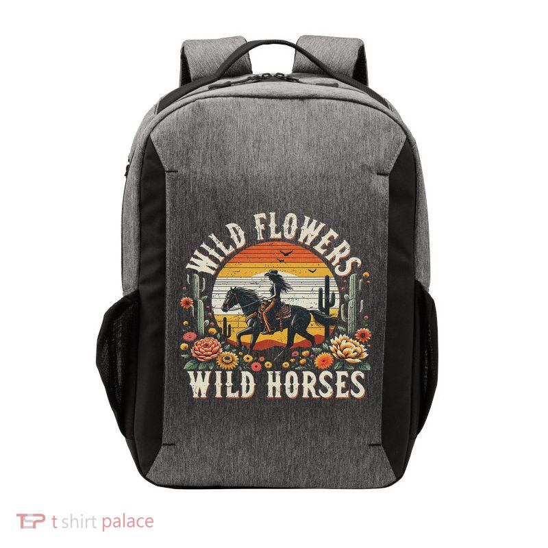 Sunset Cowgirl Riding Horse Wild Flowers Wild Horses Vector Backpack