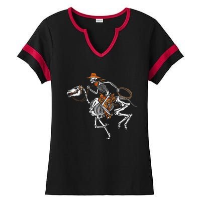 Skeleton Cowboy Riding Horse Halloween Rider Costume Funny Ladies Halftime Notch Neck Tee