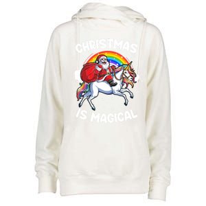 Santa Claus Riding Magical Unicorn Rainbow Funny Christmas Gift Womens Funnel Neck Pullover Hood