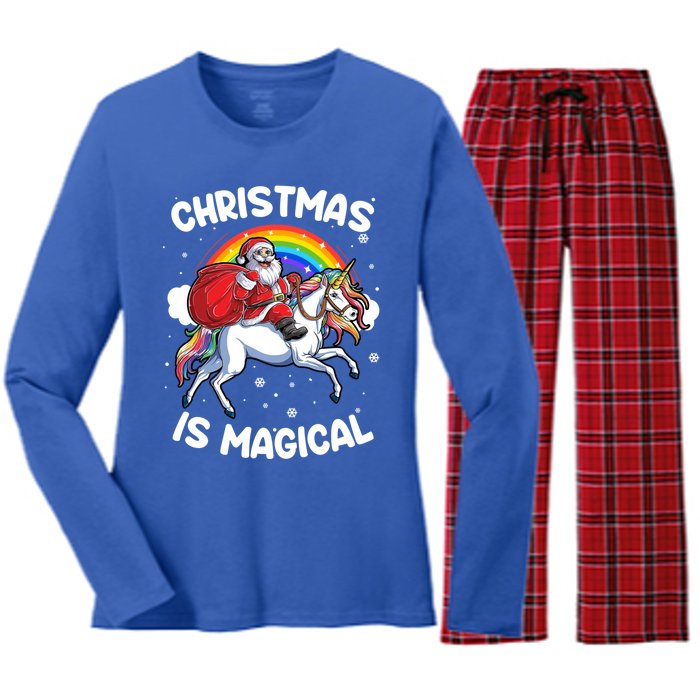 Santa Claus Riding Magical Unicorn Rainbow Funny Christmas Gift Women's Long Sleeve Flannel Pajama Set 