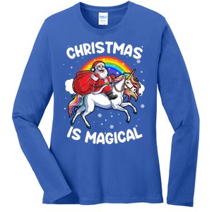 Santa Claus Riding Magical Unicorn Rainbow Funny Christmas Gift Ladies Long Sleeve Shirt