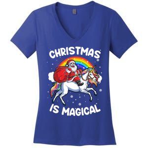 Santa Claus Riding Magical Unicorn Rainbow Funny Christmas Gift Women's V-Neck T-Shirt