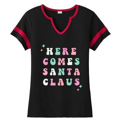 Santa Claus Retro Merry Christmas XMAS Festive Holiday Gift Ladies Halftime Notch Neck Tee