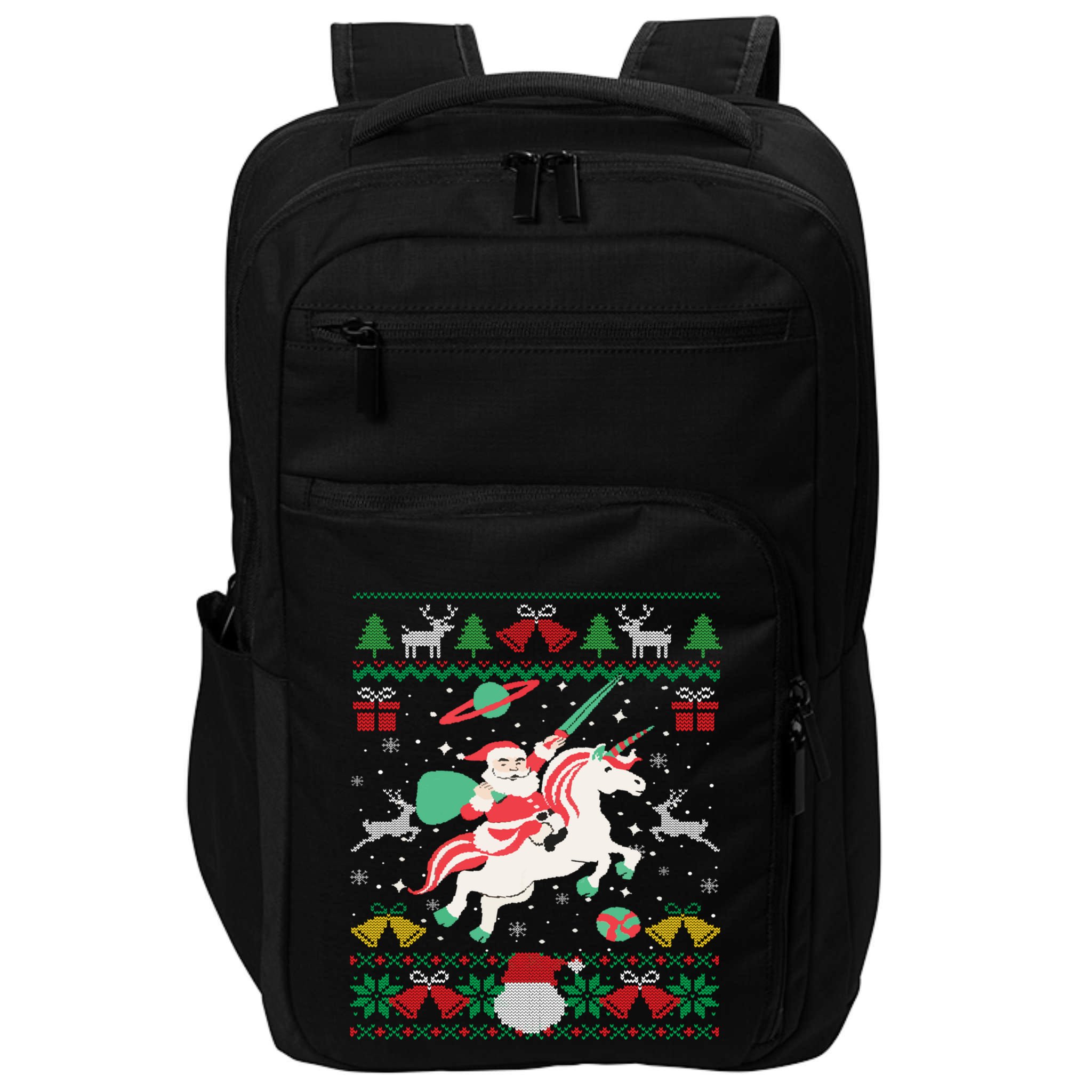 Santa Claus Riding Unicorn Christmas Ugly Christmas Sweater Meaningful Gift Impact Tech Backpack