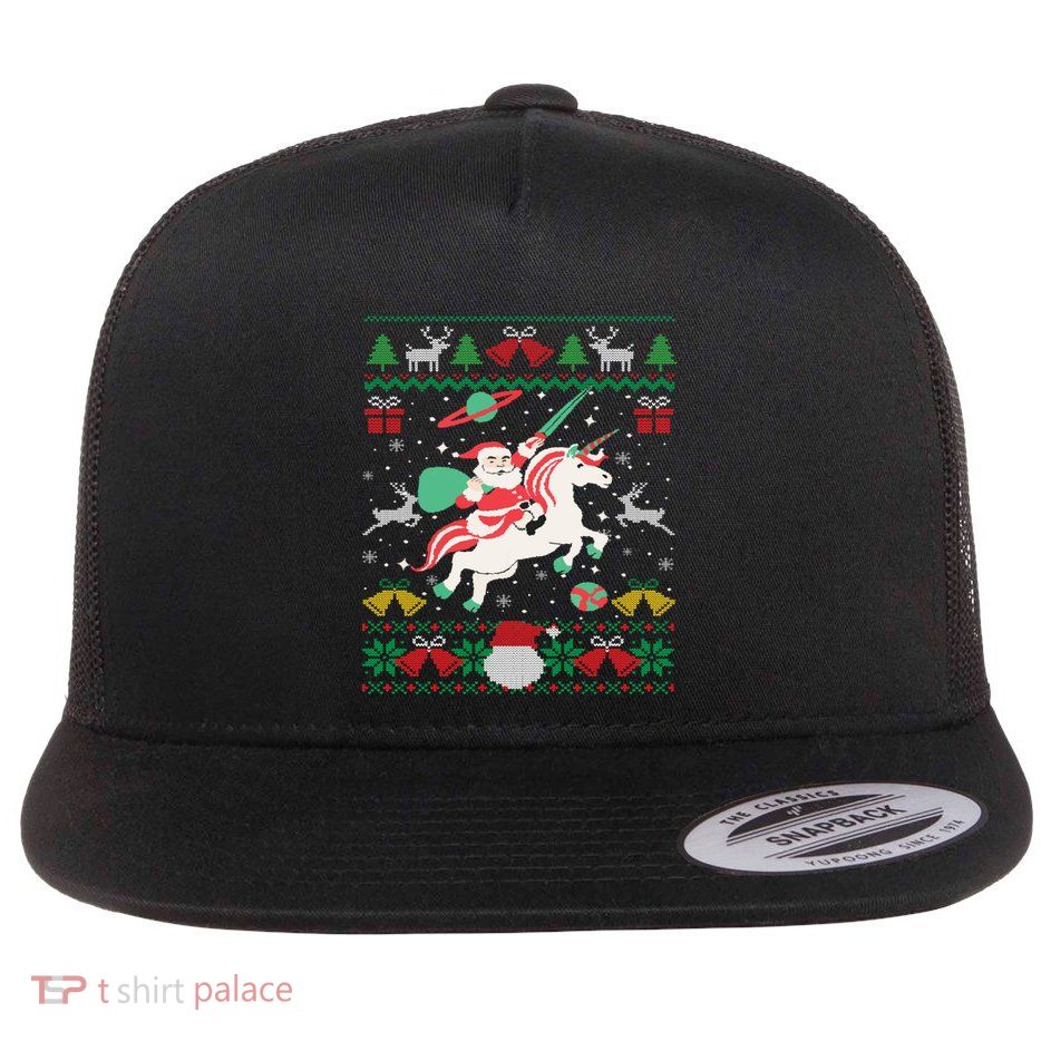 Santa Claus Riding Unicorn Christmas Ugly Christmas Sweater Meaningful Gift Flatbill Hat