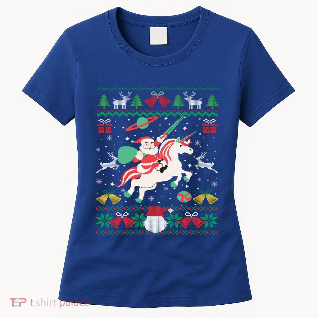Santa Claus Riding Unicorn Christmas Ugly Christmas Sweater Meaningful Gift Womens T-Shirt