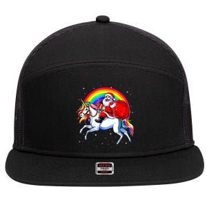 Santa Claus Riding Unicorn Rainbow Christmas Gifs Gift 7 Panel Mesh Trucker Snapback Hat