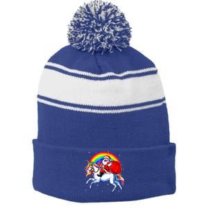 Santa Claus Riding Unicorn Rainbow Christmas Gifs Gift Stripe Pom Pom Beanie