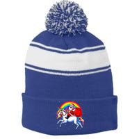 Santa Claus Riding Unicorn Rainbow Christmas Gifs Gift Stripe Pom Pom Beanie