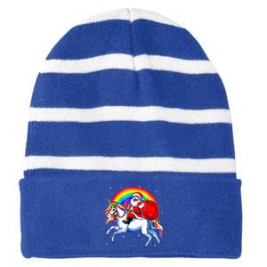 Santa Claus Riding Unicorn Rainbow Christmas Gifs Gift Striped Beanie with Solid Band