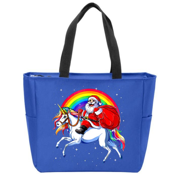 Santa Claus Riding Unicorn Rainbow Christmas Gifs Gift Zip Tote Bag