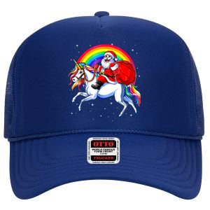 Santa Claus Riding Unicorn Rainbow Christmas Gifs Gift High Crown Mesh Back Trucker Hat