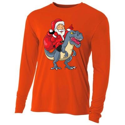 Santa Claus Riding Trex Dinosaur Christmas Dino Tree Rex Gift Cooling Performance Long Sleeve Crew