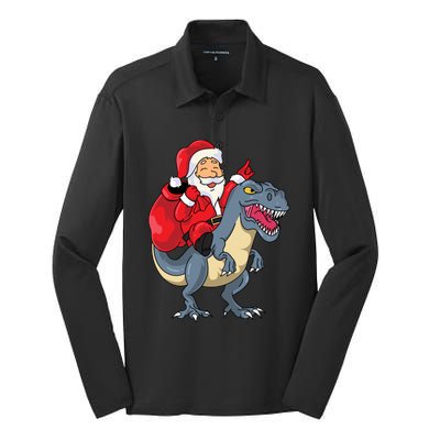 Santa Claus Riding Trex Dinosaur Christmas Dino Tree Rex Gift Silk Touch Performance Long Sleeve Polo