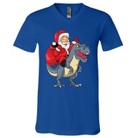 Santa Claus Riding Trex Dinosaur Christmas Dino Tree Rex Gift V-Neck T-Shirt