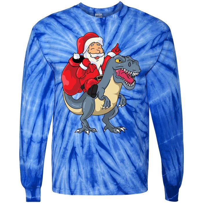 Santa Claus Riding Trex Dinosaur Christmas Dino Tree Rex Gift Tie-Dye Long Sleeve Shirt