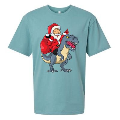 Santa Claus Riding Trex Dinosaur Christmas Dino Tree Rex Gift Sueded Cloud Jersey T-Shirt