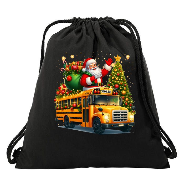 Santa Claus Riding School Bus Driver Christmas Tree Graphic Drawstring Bag