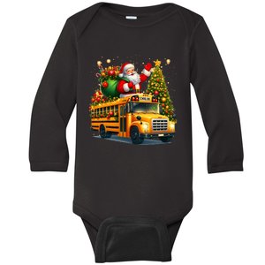 Santa Claus Riding School Bus Driver Christmas Tree Graphic Baby Long Sleeve Bodysuit