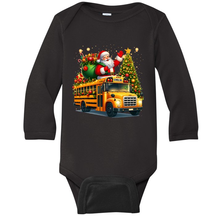 Santa Claus Riding School Bus Driver Christmas Tree Graphic Baby Long Sleeve Bodysuit