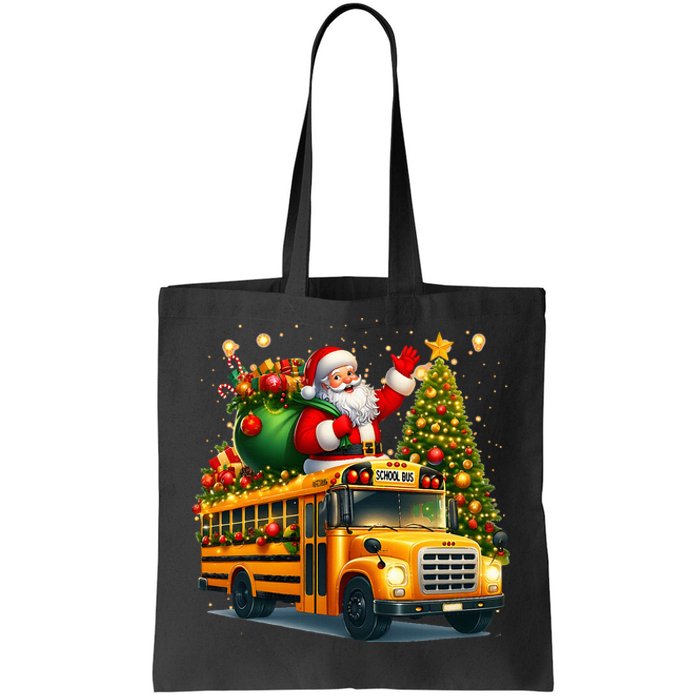 Santa Claus Riding School Bus Driver Christmas Tree Graphic Tote Bag