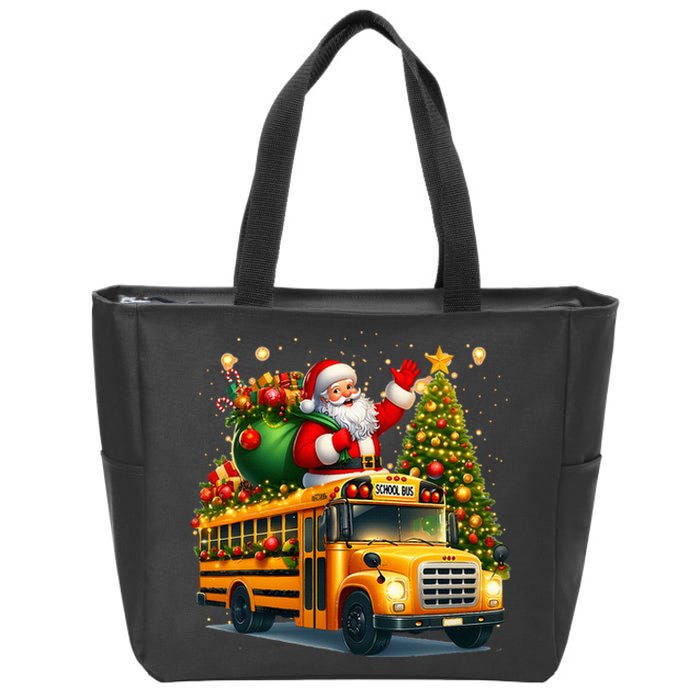 Santa Claus Riding School Bus Driver Christmas Tree Graphic Zip Tote Bag