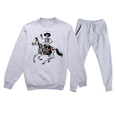 Skeleton Cowboy Riding Horse Halloween Rider Costume Vneck Premium Crewneck Sweatsuit Set