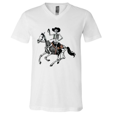 Skeleton Cowboy Riding Horse Halloween Rider Costume Vneck V-Neck T-Shirt