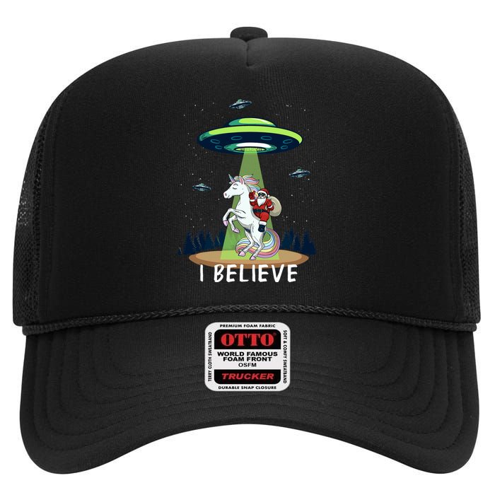 Santa Claus Riding Unicorn Alien Space Ufo Christmas Design High Crown Mesh Back Trucker Hat