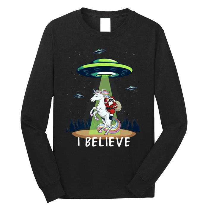 Santa Claus Riding Unicorn Alien Space Ufo Christmas Design Long Sleeve Shirt