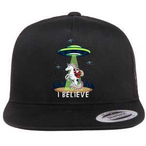 Santa Claus Riding Unicorn Alien Space Ufo Christmas Design Flat Bill Trucker Hat