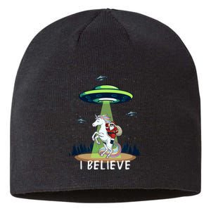 Santa Claus Riding Unicorn Alien Space Ufo Christmas Design Sustainable Beanie