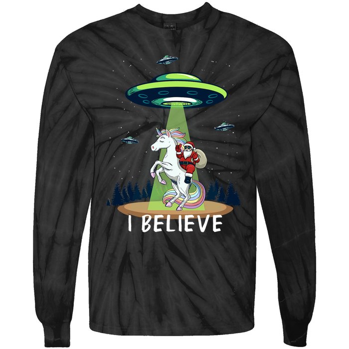 Santa Claus Riding Unicorn Alien Space Ufo Christmas Design Tie-Dye Long Sleeve Shirt