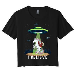 Santa Claus Riding Unicorn Alien Space Ufo Christmas Design Women's Crop Top Tee