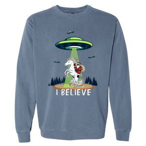 Santa Claus Riding Unicorn Alien Space Ufo Christmas Design Garment-Dyed Sweatshirt