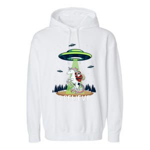 Santa Claus Riding Unicorn Alien Space Ufo Christmas Design Garment-Dyed Fleece Hoodie