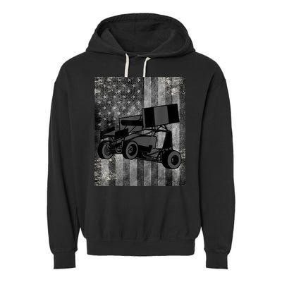 Sprint Car Racing Black Grey American Flag Dirt Track Cars Garment-Dyed Fleece Hoodie