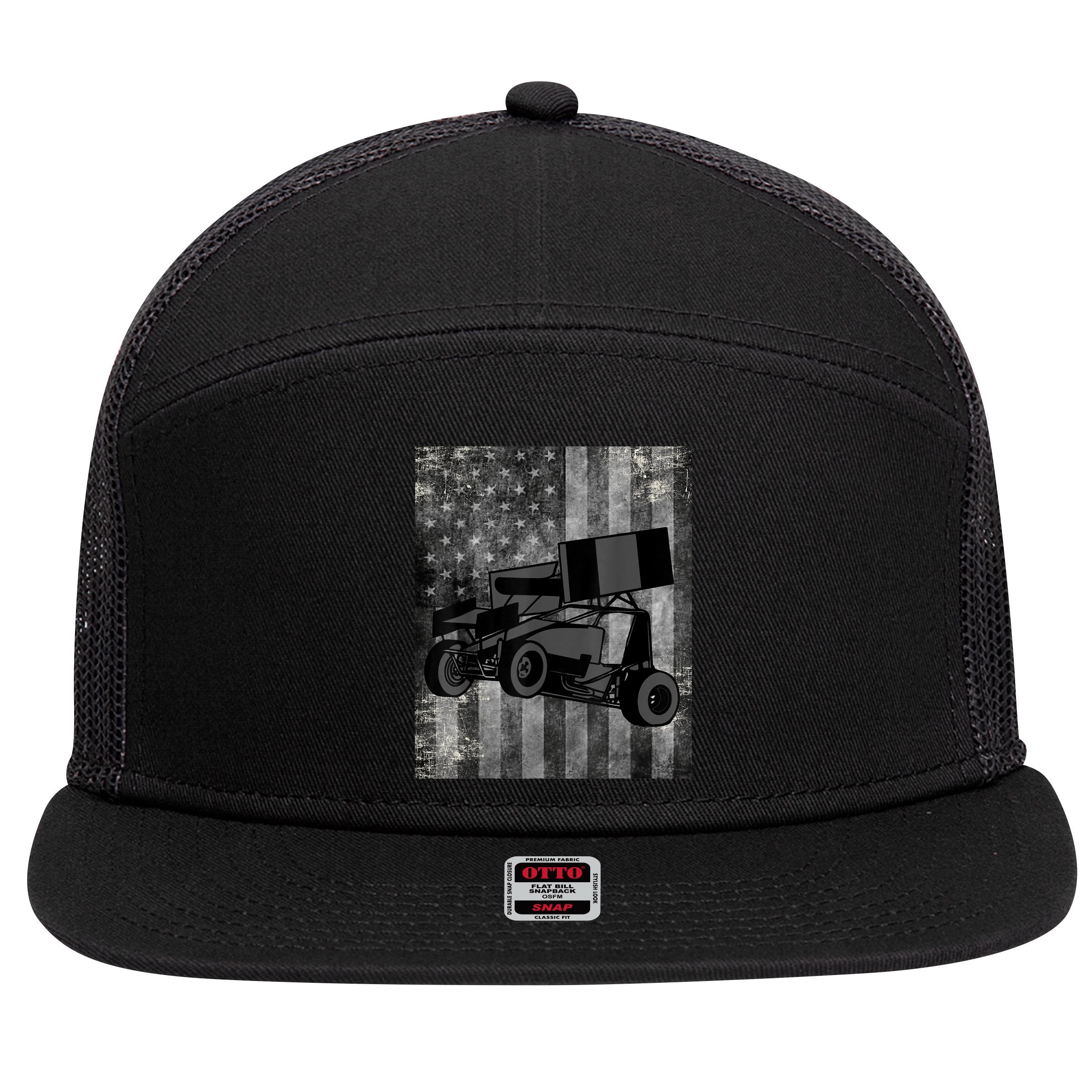 Sprint Car Racing Black Grey American Flag Dirt Track Cars 7 Panel Mesh Trucker Snapback Hat